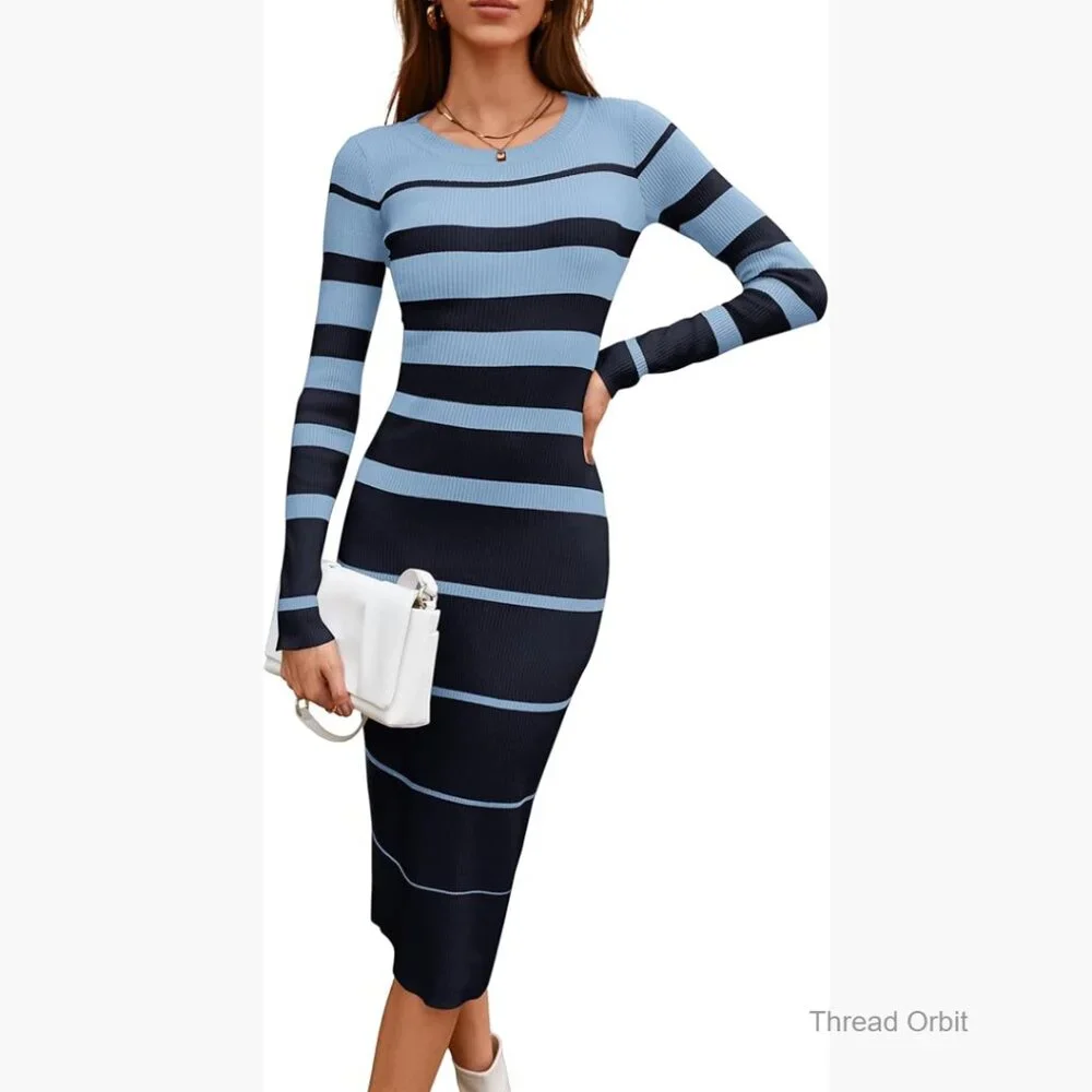 Long Sleeve Ribbed Sweater Dress Midi Bodycon Casual Knit Stretch